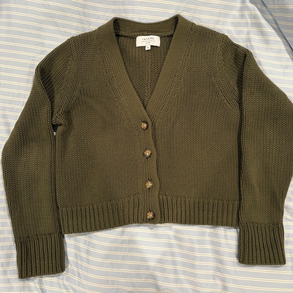 La Ligne Olive Green Cropped Knit Cardigan